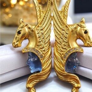 Gold Pegasus Earrings with Blue Accents